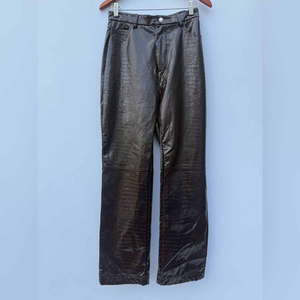 MISTRESS ROCKS LOS ANGELES High Waist Faux Croc Bootcut Dark Brown Trousers - Picture 5 of 14